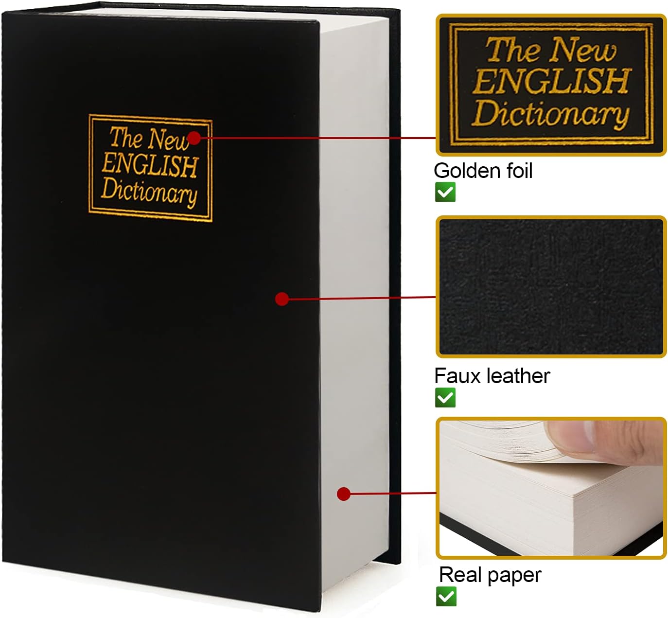 Leather Book Safe (Size 10.79"×7.72"×1.97") Real Paper Secret for Jewelry, Money and Cash, Diversion Book Safe,Hollow with Hidden, Combination Lock (L, Black-Combination)