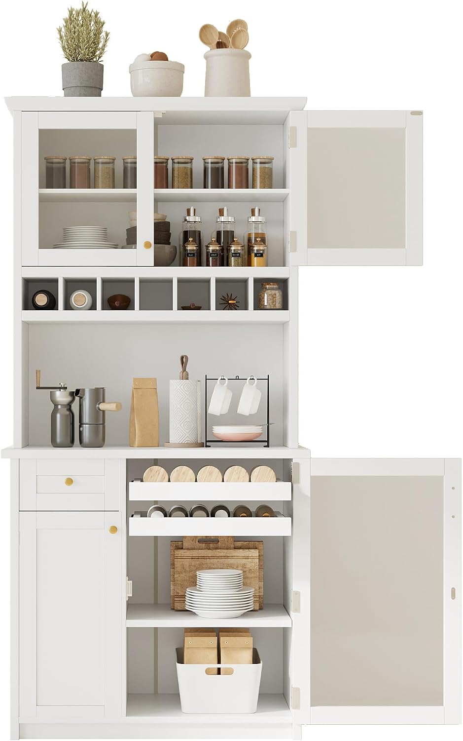 roomfitters Farmhouse Kitchen Pantry Buffet Hutch with Wine Rack and Glass Do...