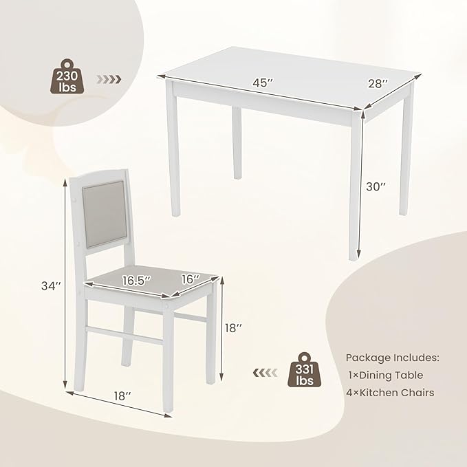 NAFORT 5-Piece Dining Table Set for 4, Mid-Century Modern Solid Wood Kitchen Room Table with 4 Upholstered Dining Chairs, Space-Saving Dinette Tables w/Rubber Wood Legs for Apartment, Office