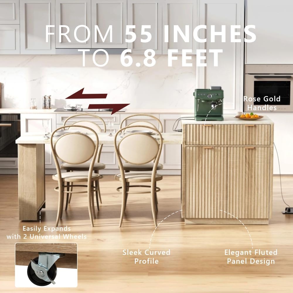 Kitchen Island, 82.6-Inch Natural with Extendable Dining Table and Outlet | F...