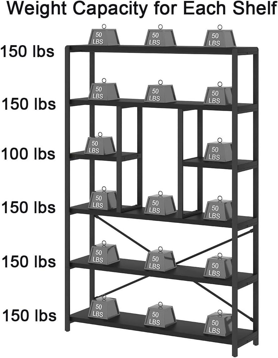 LVB 6 Tier Industrial Bookshelf for Bedroom Living Room Office, Black Oak