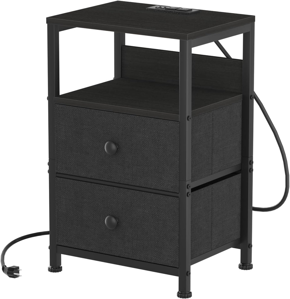 End Table with Charging Station & USB Ports, Rustic Nightstand with Fabri...