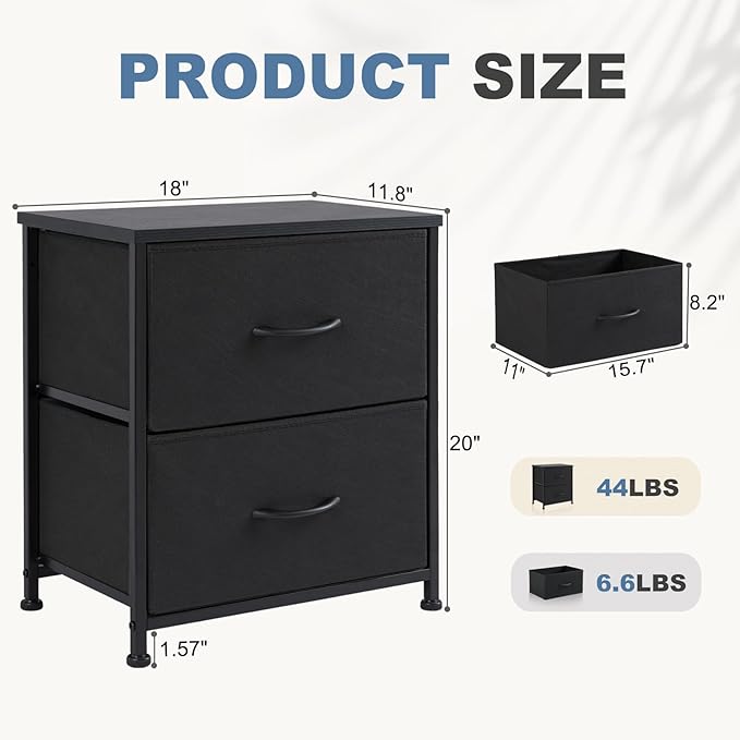 DUMOS Nightstand Small Dresser with 2 Fabric Drawers, Side Tables Bedroom End Table Bedside Storage Furniture for 20 inch Tall Night Stand for Entryway, College Dorm, Matte Black 2 Pack