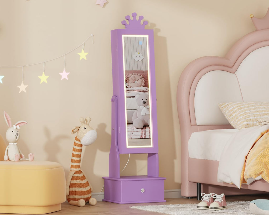 LED Kids Jewelry Armoire Cabinet with Full Length Mirror for Girls, Purple | 3 Color Touch Control Lighting,Anti-Tip Stable Structure,Lockable Cabinet, Freestanding Jewelry Organizer