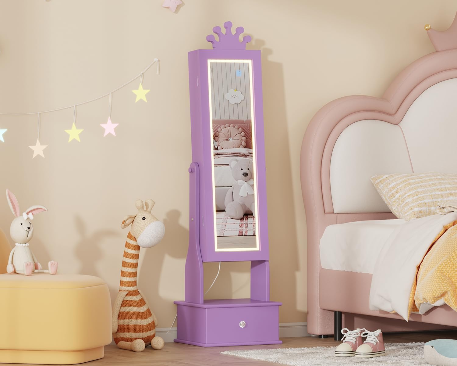 LED Kids Jewelry Armoire Cabinet with Full Length Mirror for Girls, Purple | 3 Color Touch Control Lighting,Anti-Tip Stable Structure,Lockable Cabinet, Freestanding Jewelry Organizer