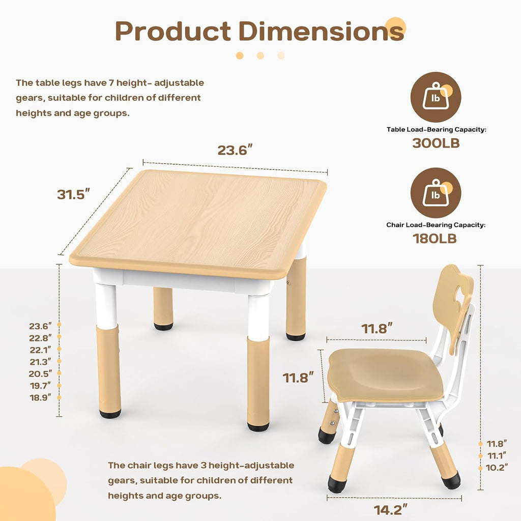 HLPB Kids Table and 4 Chairs Set, Adjustable Height Graffiti Toddler Table | Non-Slip Legs, Children Multi-Activity Table for Ages 2-8, Max 300lbs, Classroom/Daycare/Home, 31.5''L x 23.6''W