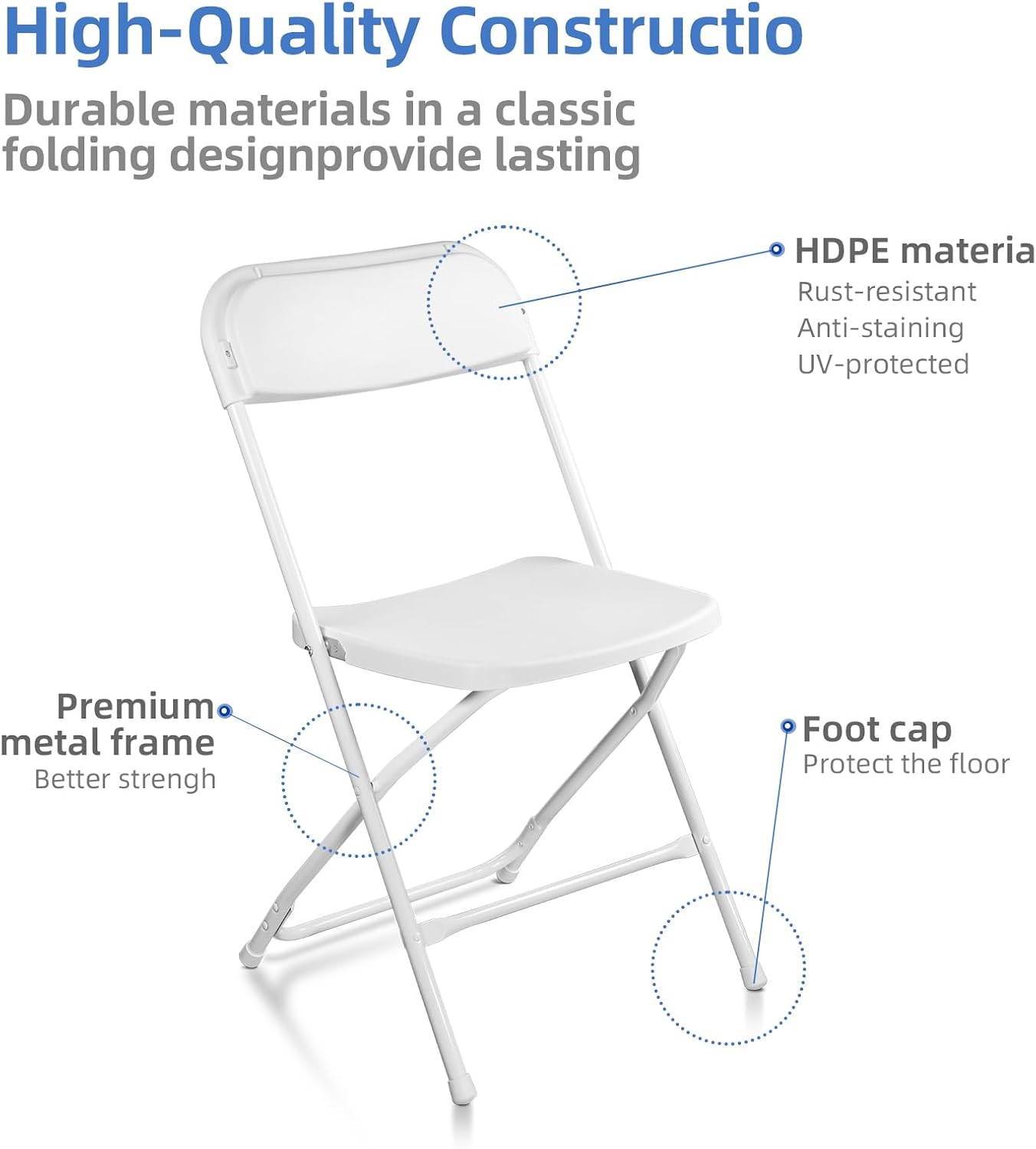 100 Pack White Folding Chairs, Indoor Outdoor Portable Stackable Commercial Seat with Steel Frame 350lb Capacity for Events, Weddings, Office, Parties