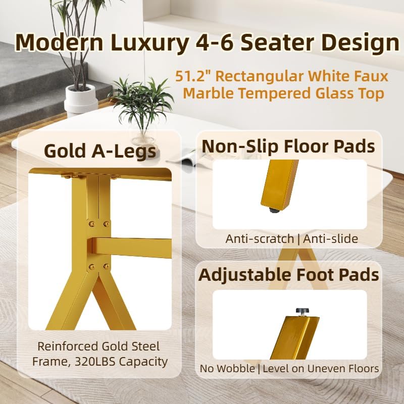 51.2 Inch Faux Marble Dining Table,Rectangular Glass Dining Table for 4-6,Whi...
