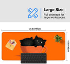 Large Cute Black Cat Mouse Pad, Extended Desk Mat with Non-Slip Base – 35.43 x 15.75 in – Cartoon Kittens in Orange Cup Design, Stitched Edges, Waterproof Gaming Keyboard Pad for Office & Home