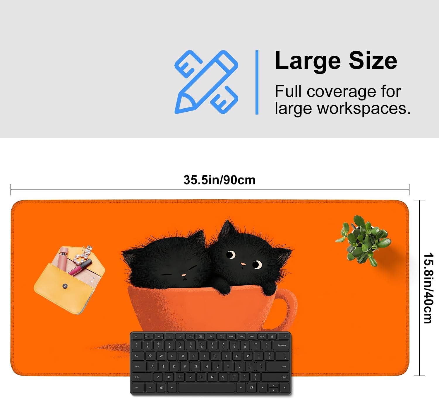 Large Cute Black Cat Mouse Pad, Extended Desk Mat with Non-Slip Base – 35.43 x 15.75 in – Cartoon Kittens in Orange Cup Design, Stitched Edges, Waterproof Gaming Keyboard Pad for Office & Home