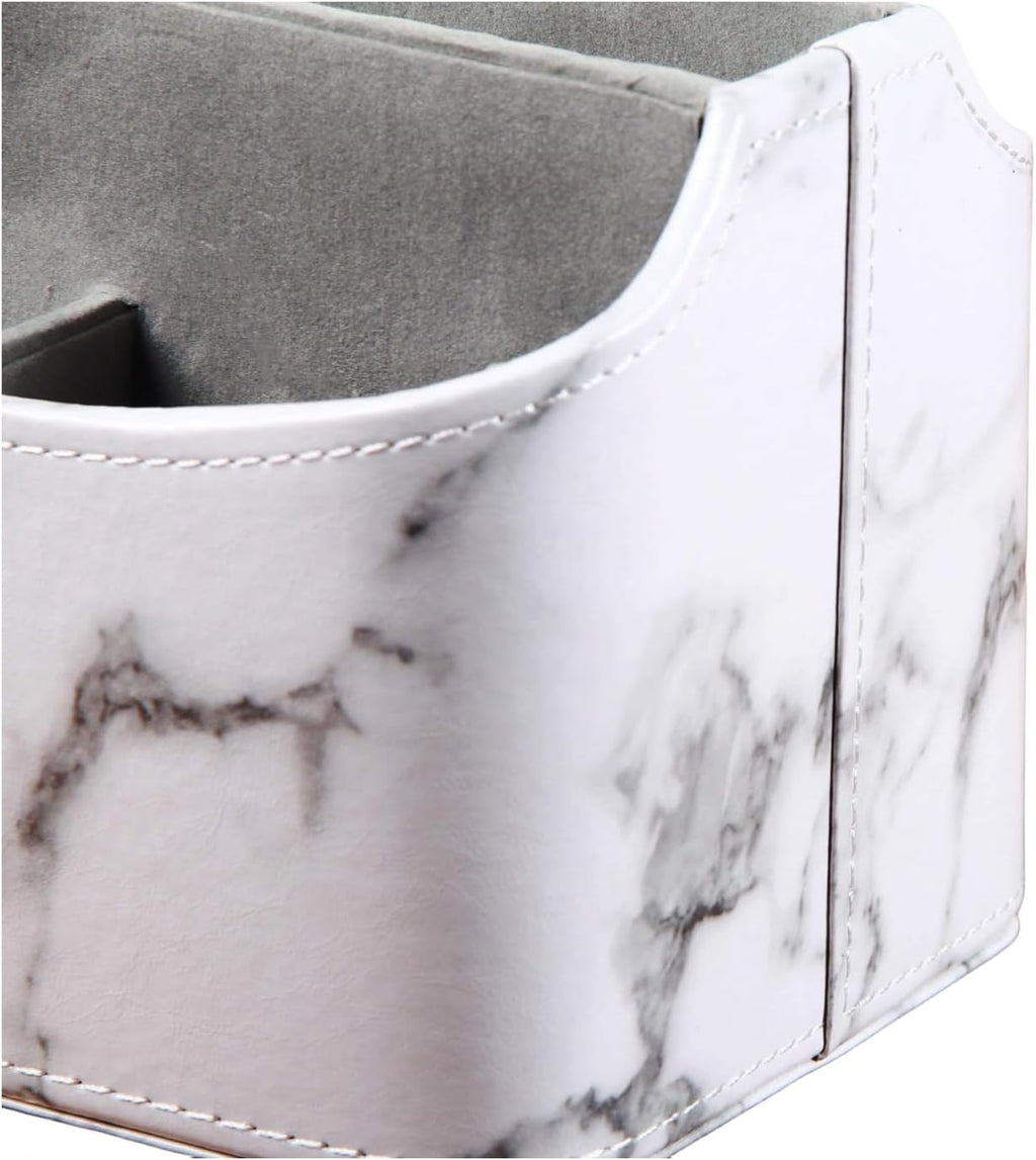PU Leather Remote Control Holder,360 Degree Spinning Desk TV Remote Caddy,Desk Organizers and Accessories,for Controller,Media,Mail,Calculator,Mobile Phone,Pen Storage Holder(White Marble)