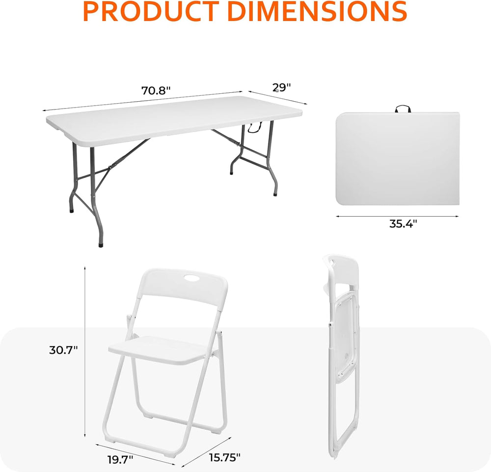 Folding Table and Chairs Set, 6 Foot Foldable Long Plastic Table with 6 Plast...