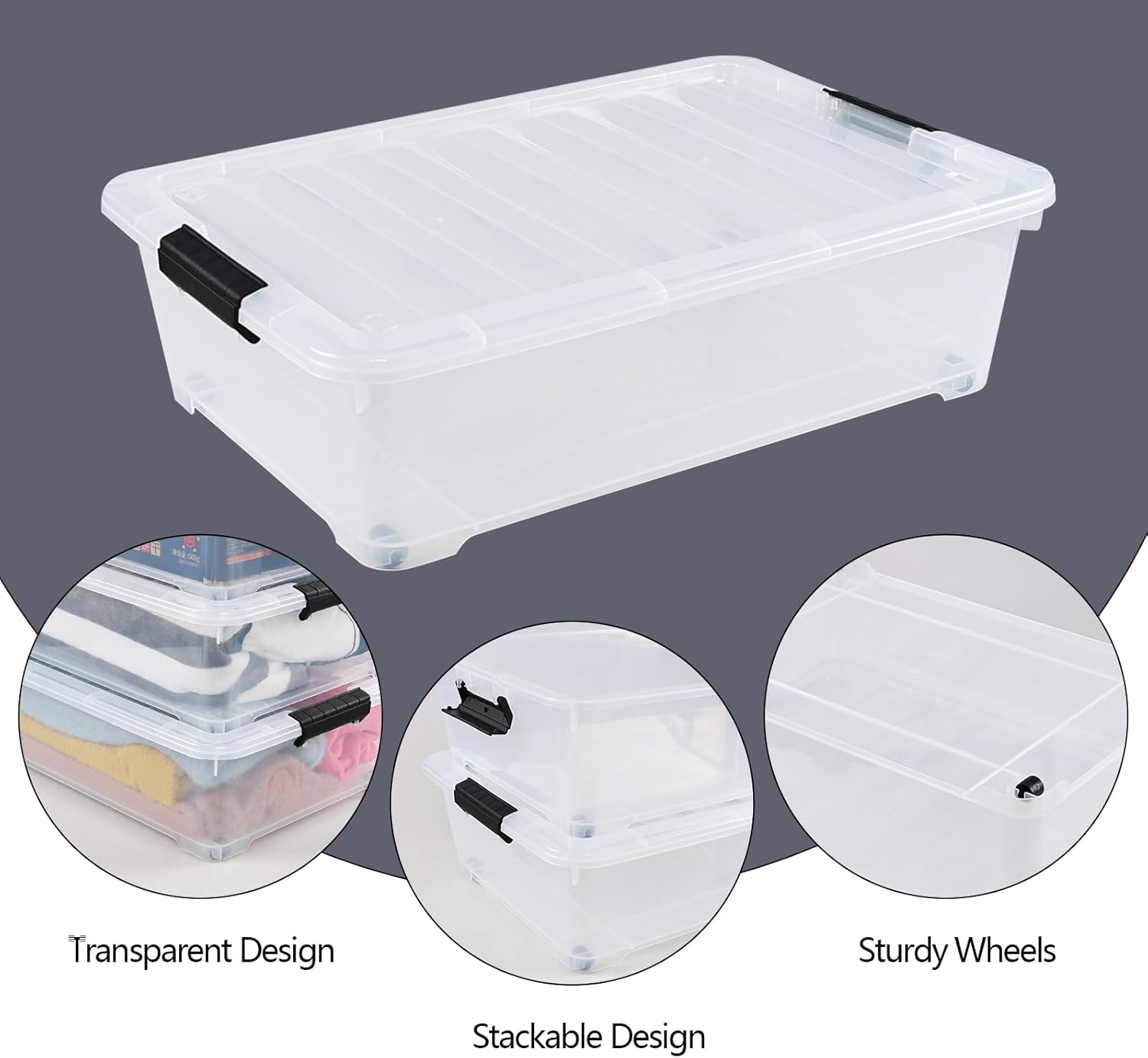 3-Pack 20 Quart Plastic Wheeled Latching Storage Boxes, Stackable Underbed Organizer Bins with Lid, Clear