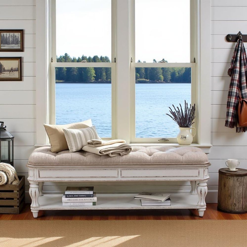 Starlight Canyon Home Antique White Bedroom Bench with Storage Shelf, Upholst...