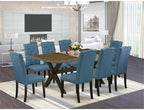 East West Furniture X677EL121-9 9 Piece Modern Dining Table Set Includes a Rectangle Wooden Table with X-Legs and 8 Blue Linen Fabric Parson Dining Room Chairs, 40x72 Inch, Multi-Color