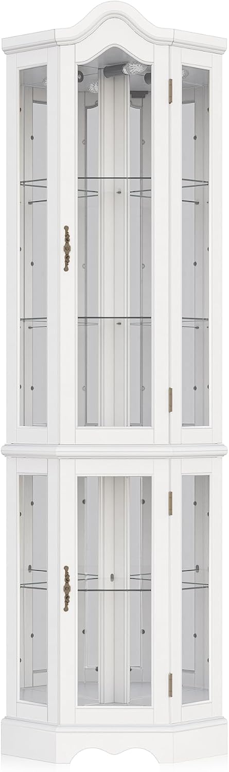 BELLEZE Lighted 3-Side Glass Display Curio Cabinet w/ Tempered Glass Doors an...