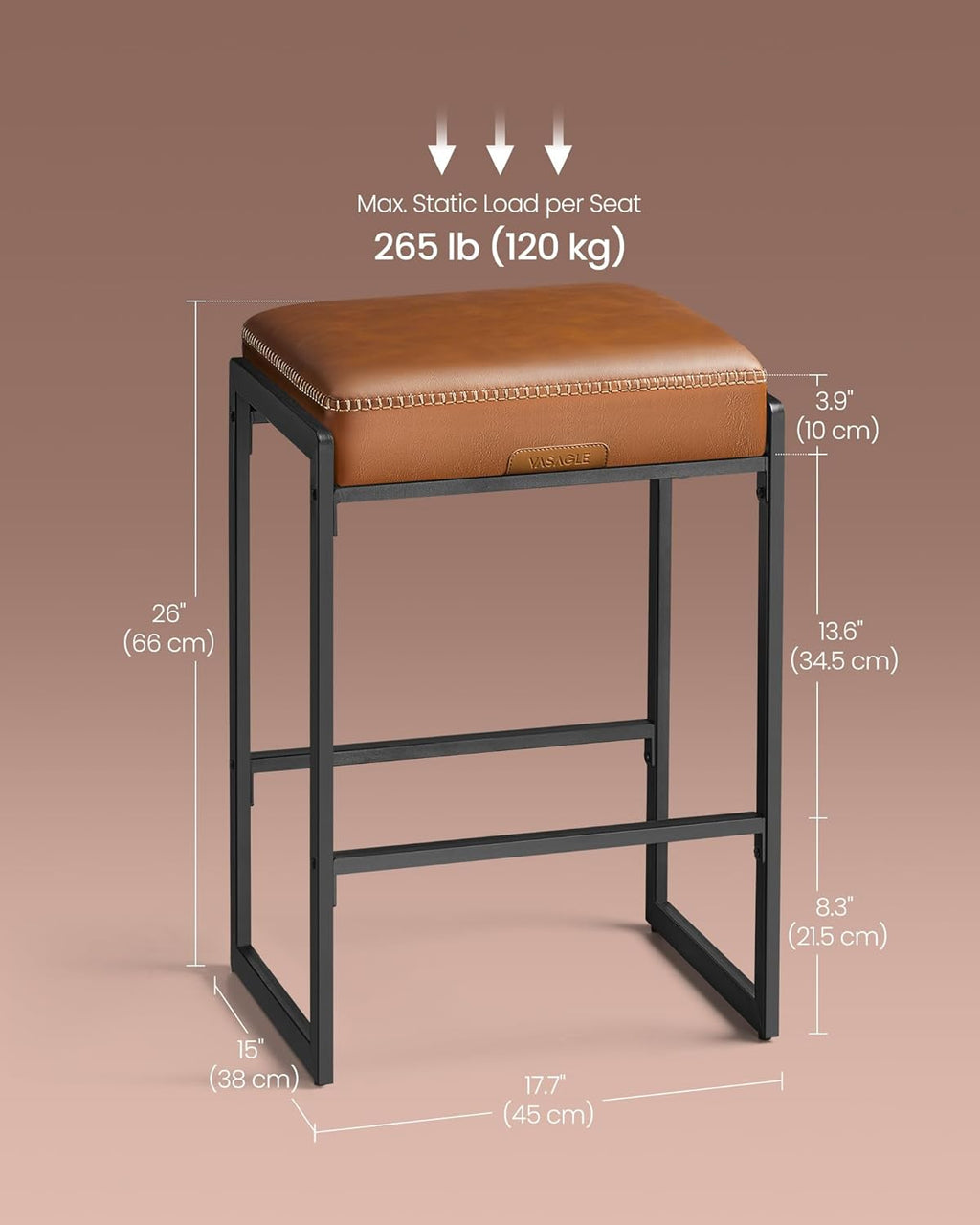 VASAGLE EKHO Collection - Bar Stools Set of 3, Counter Height Bar Stools, Synthetic Leather with Stitching, Mid-Century Modern Counter Stools, 26-Inch Tall, Kichen Home Bar Dining Room, Caramel Brown