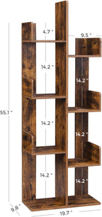 VASAGLE Bookcase, Tree-Shaped Bookshelf with 8 Storage Shelves, Rounded Corners, 19.7 x 9.8 x 55.1 Inches, Rustic Brown ULBC66BXV1