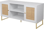 Nathan James Mina Modern TV Stand, Entertainment Cabinet, Media Console with a Natural Rattan Storage Doors, White Finish and Gold Brass Accents for Living Room or Media Room, White/Gold