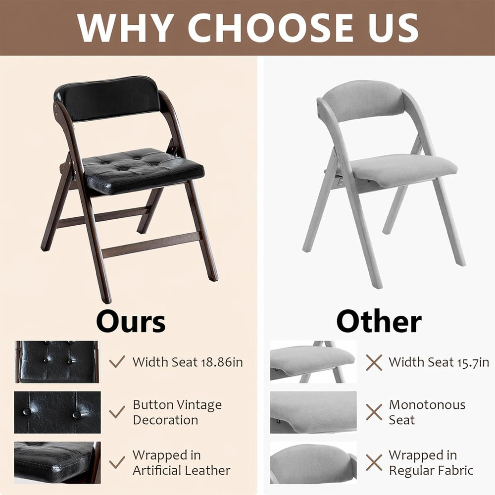 Wood Folding Chairs Set of 2, Upholstered Foldable Dining Chairs