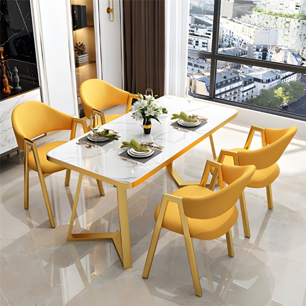 Dining Table Set Marble Stone Tabletop Nordic Style Dining Table Rectangle for Dining Room Kitchen Leisure 5 Piece (Contains 4 Chairs 1 Table) -Yellow