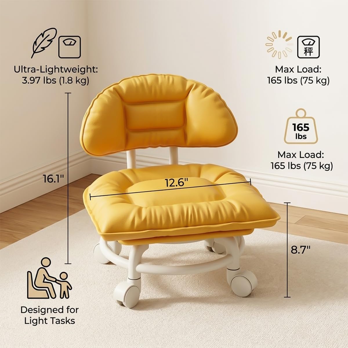 Low Rolling Stool with Backrest, Short Swivel Chair with Wheels (Black) | Thick PU leather seat, 360 silent casters, 165 lbs weight limit, ideal for nursery, pedicure salon, floor cleaning