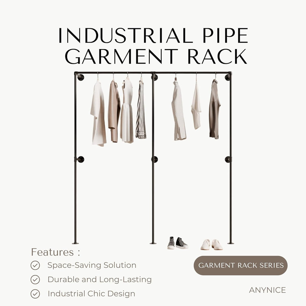Industrial Pipe Clothing Rack, Heavy Duty Wall Mounted Clothes Rack, Retail Display Hanging Garment Rod for Laundry Rooms, Closet Storage, 14.6x75x82.7 Inches, Model K06