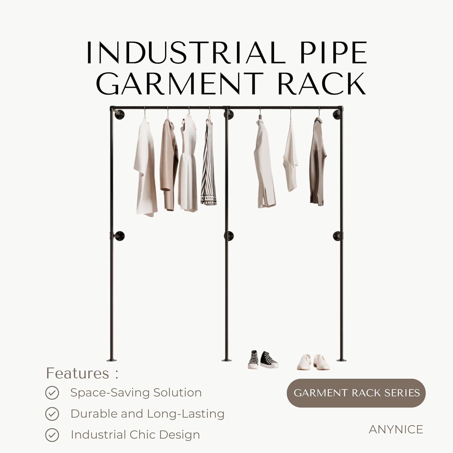 Industrial Pipe Clothing Rack, Heavy Duty Wall Mounted Clothes Rack, Retail Display Hanging Garment Rod for Laundry Rooms, Closet Storage, 14.6x75x82.7 Inches, Model K06