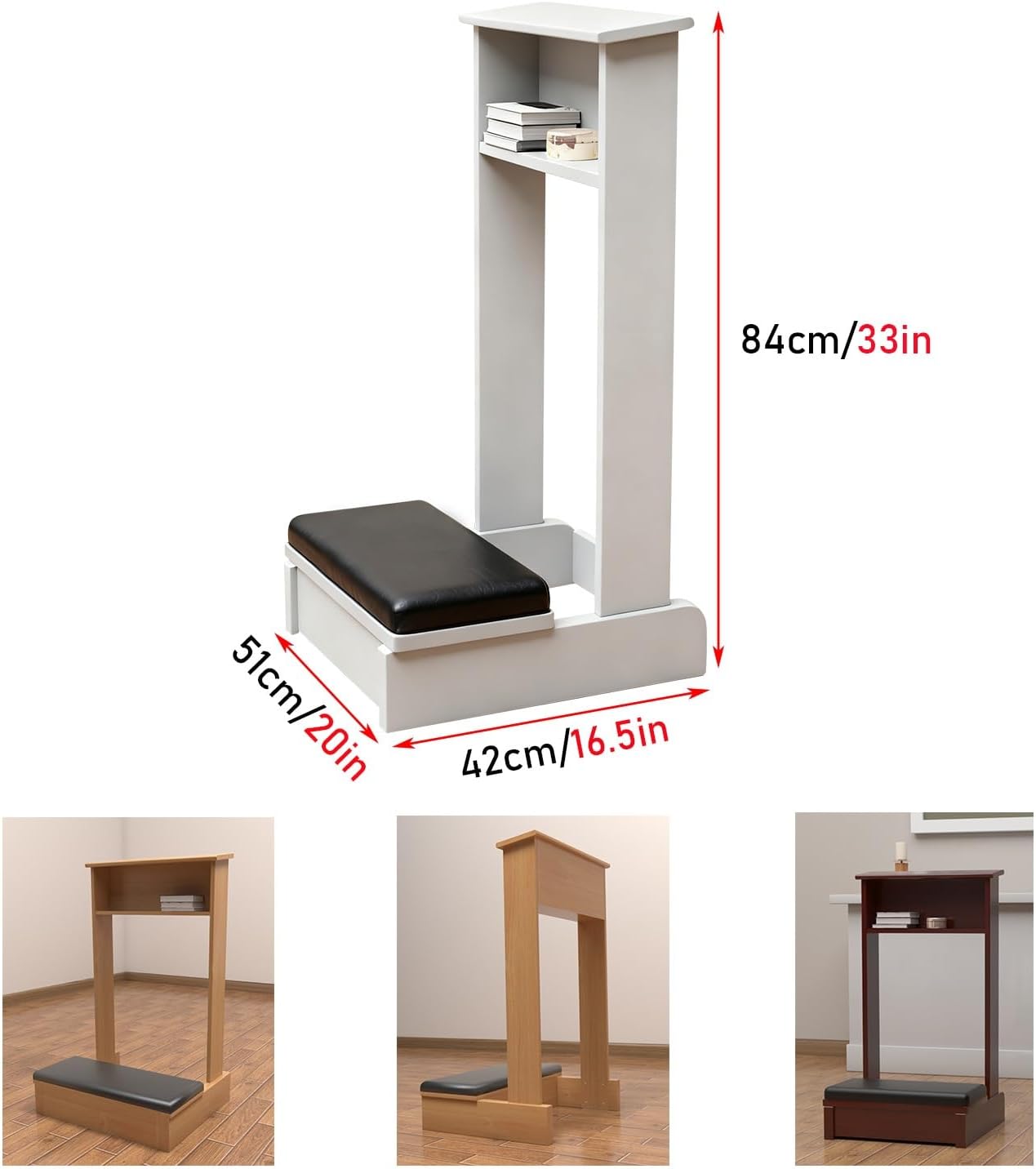 Prayer Kneeler Bench 20x16.5x33In Solid Wood Prayer Table Prayer Bench Stool with Shelf and Cushion Pad Church Pulpit Kneeling Chair Meditation Bench Stool for Church Prayers(Wood)