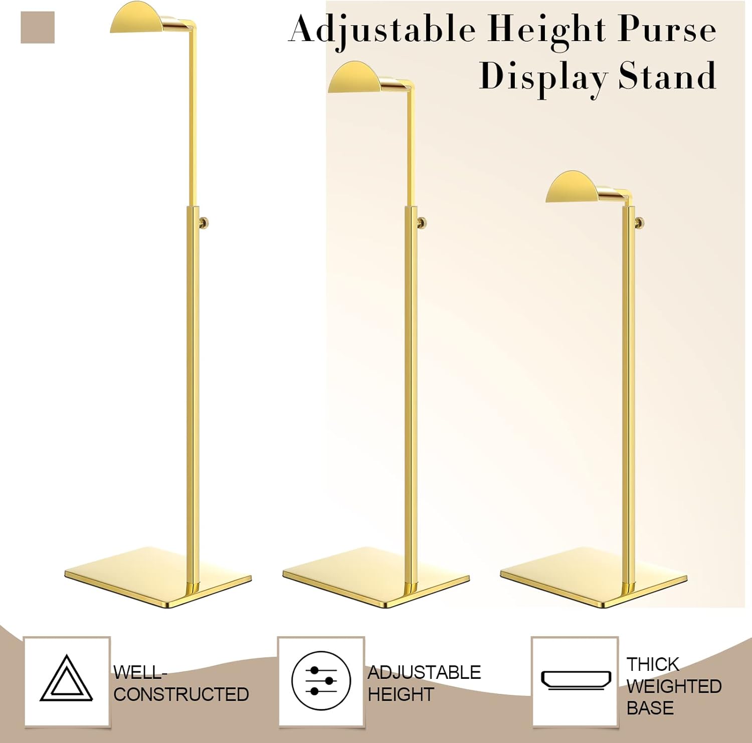Maitys 8 Pack Gold Purse Display Stands Stainless Steel Adjustable Height Bags Display Rack Metal Handbag Holder Set for Home Store Boutique Counter Retail Floor Props Shelves