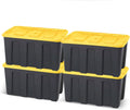 HOMZ 4-Pack Durabilt Tote, Heavy Duty Plastic Storage Bins with Lids, 34 Gallon, Black/Yellow - Stackable Organizing Containers for Home, Garage, and Office