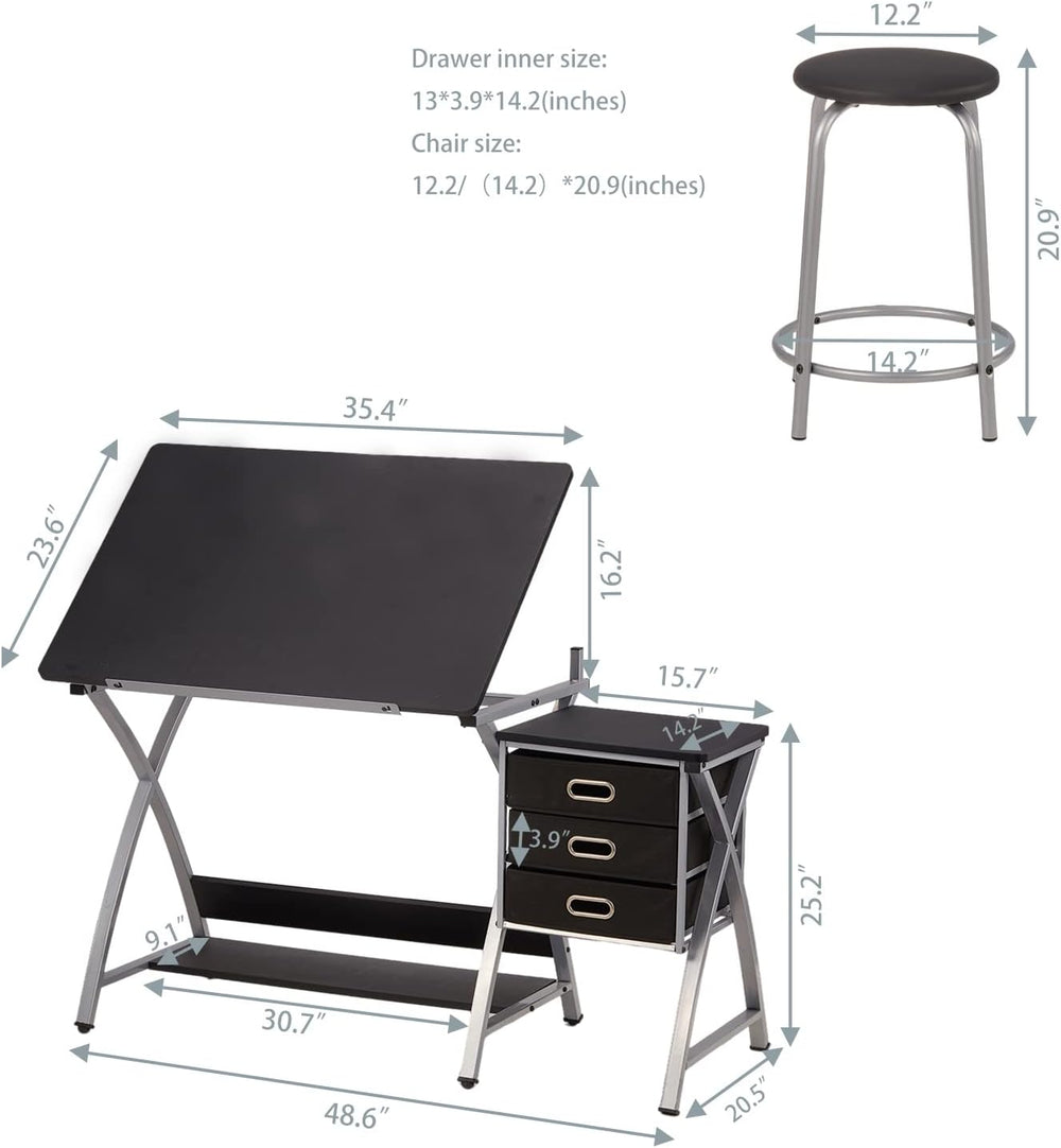 Adjustable Drafting Table for Artists with Stool, Sturdy X-Cross Metal Frame ...