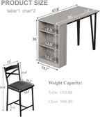 Garvee Bar Table and Chairs Set, 3 Piece Bar Table Set with with Flip Top Extension and Storage Shelves, Dining Table Set for 2, Suitable for Small Space Kitchen Apartment, Grey