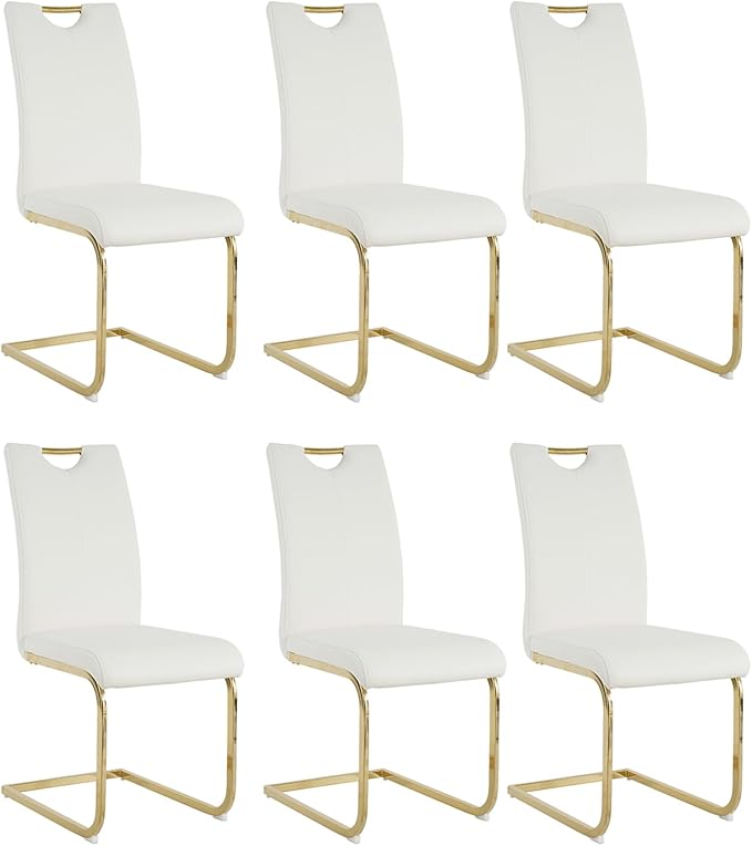 Goujxcy Dining Chairs Set of 6, Modern High Back Kitchen Chairs with Metal Legs and Faux Leather Padded Seat Upholstered Dining Chairs for Dining & Kitchen,Living Room (White&Gold, Set of 6)