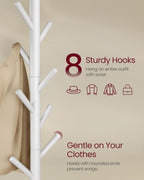 VASAGLE Solid Wood Coat Rack, Free Standing Tree-Shaped Coat Rack with 8 Hooks, 3 Height Options, for Clothes, Hats, Bags, Living Room, Bedroom, Home Office, White URCR04WT