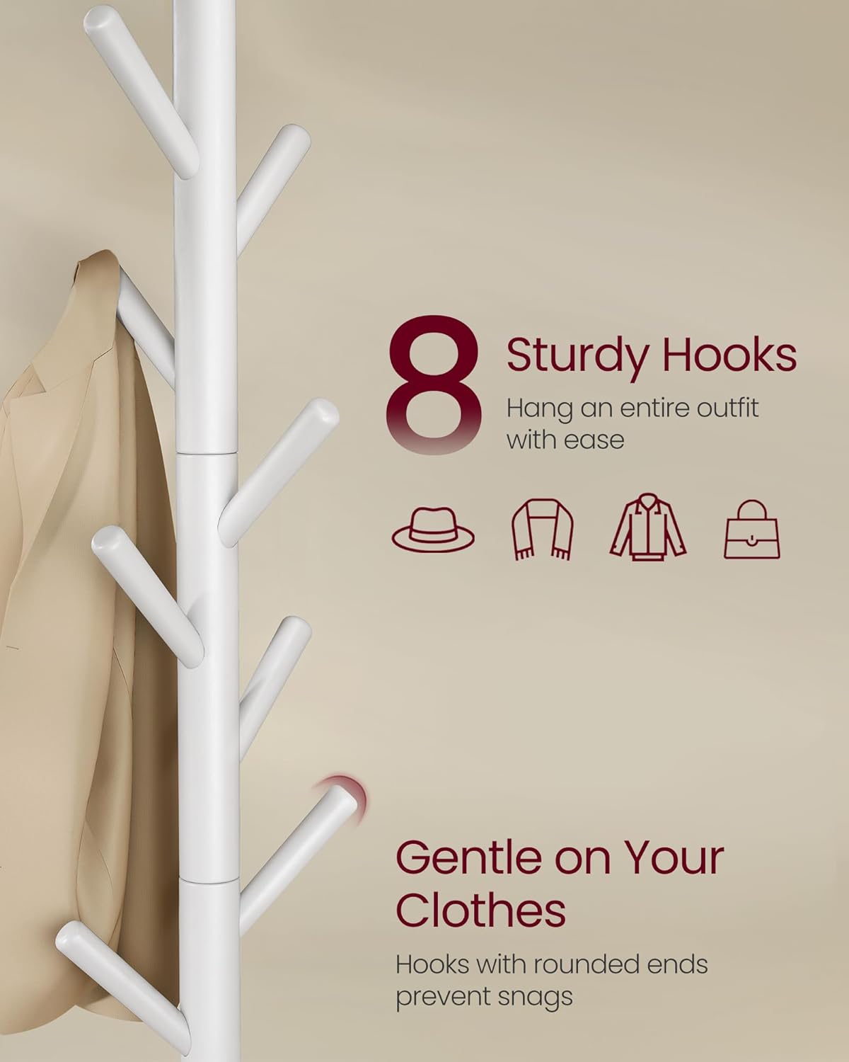 VASAGLE Solid Wood Coat Rack, Free Standing Tree-Shaped Coat Rack with 8 Hooks, 3 Height Options, for Clothes, Hats, Bags, Living Room, Bedroom, Home Office, White URCR04WT