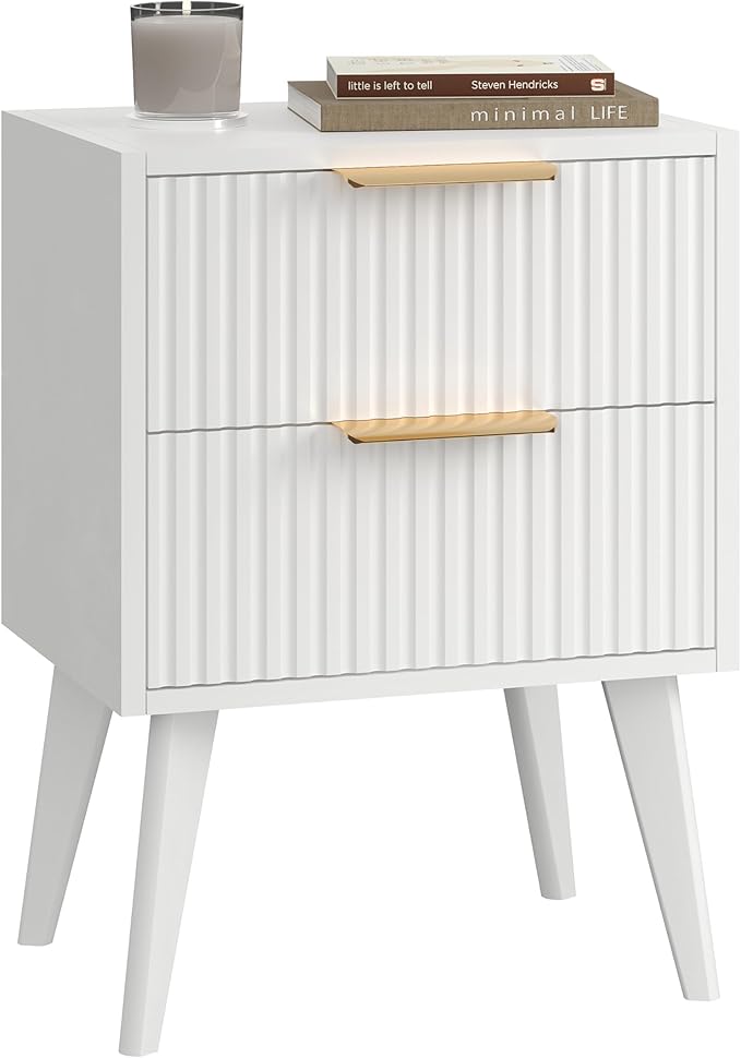 Fluted Nightstand with 2 Drawers,Modern Bedside Table with Metal Handles,Whit...