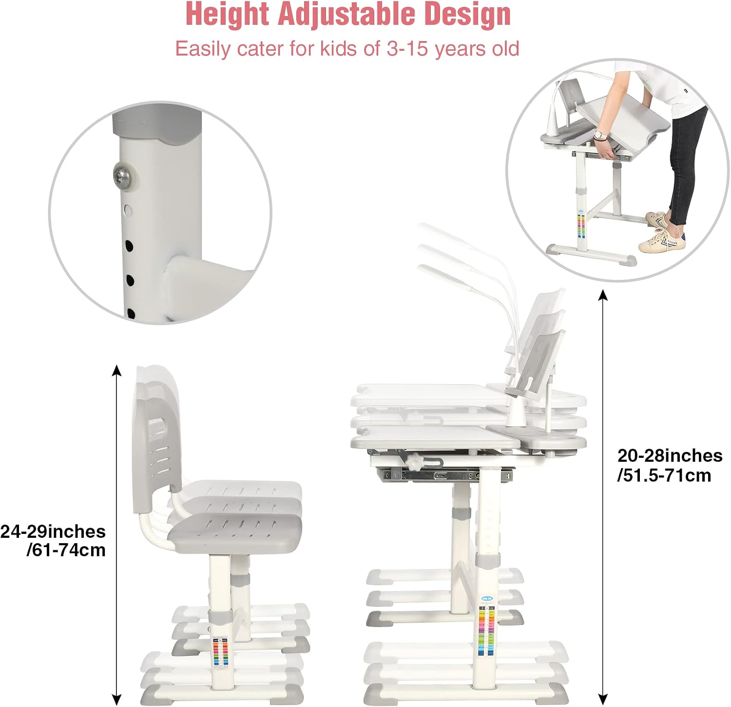 Kids Desk and Chair Set,Height Adjustable Childrens Homeschool Study Table with Storage Drawer, LED Light,Cup Holder,Bookstand, for 3-15 Years Boy and Girl, Grey