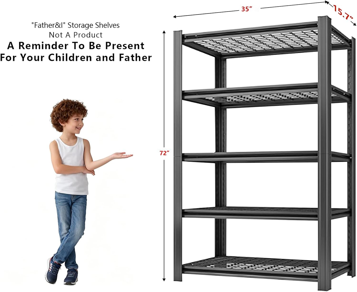 35" W Father&I 5-Shelf Industrial Adjustable Heavy-Dudy Tall Metal Garage Storage Shelves Shelving Units/Steel Wire Rack System (Commercial) for Basement/Shop, 72" H*35" W*15.7" D, Black