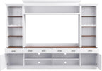 Farmhouse 4-Piece Entertainment Center with Bookshelf for TVs Up to 70", TV Stand with Adjustable Shelves, Mid-Century Media Console with Wine Rack for Living Room (White+Deep Walnut1)