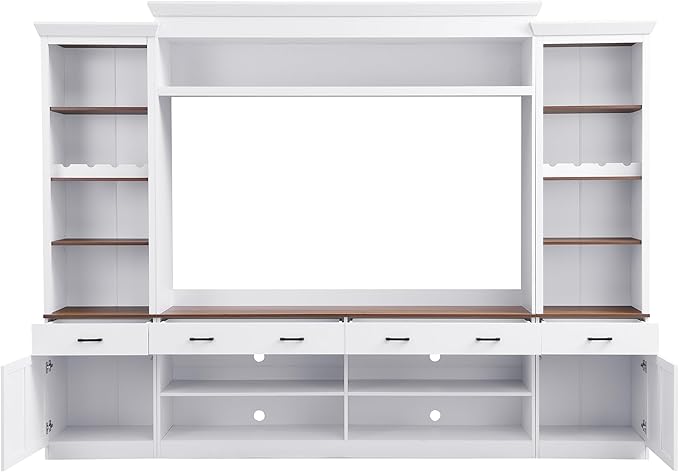 Farmhouse 4-Piece Entertainment Center with Bookshelf for TVs Up to 70", TV Stand with Adjustable Shelves, Mid-Century Media Console with Wine Rack for Living Room (White+Deep Walnut1)