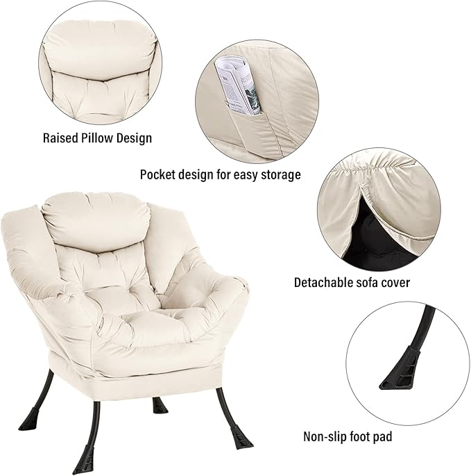 Welnow Lazy Chair with Ottoman, Modern Lounge Accent Chair with Armrests and a Side Pocket, Leisure Sofa Armchair, Reading Armchair with Footrest for Small Space, Beige