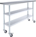 AmGood Stainless Steel Work Table with 2 Shelves and Casters | Metal Utility Table On Wheels (Stainless Steel Work Table with 2 Shelves + Casters, 60" Long x 18" Deep)