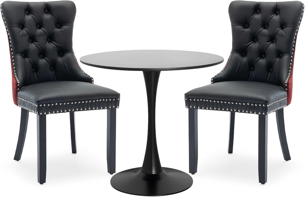 3-Pieces Dining Sets, 31.5" Round Dining Table Set with 2 Velvet Upholstered Dining Chairs,Wooden Legs Design for Kitchen Dining Room Apartment Small Space(1 Black Table with 2 Black&Wine Red Chairs)