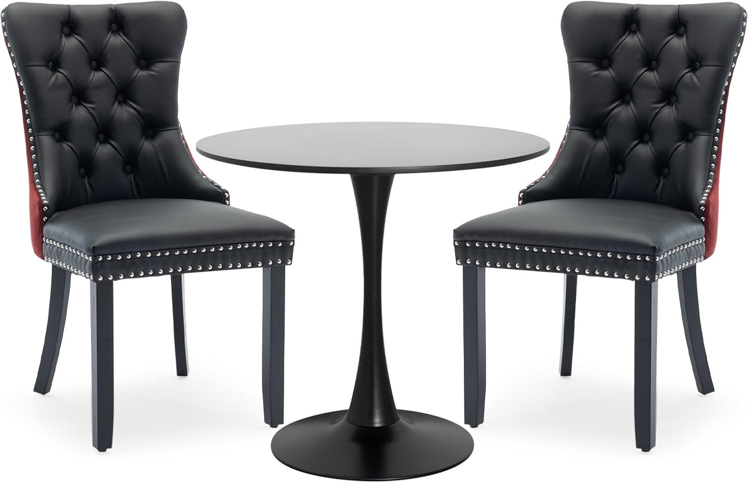 3-Pieces Dining Sets, 31.5" Round Dining Table Set with 2 Velvet Upholstered Dining Chairs,Wooden Legs Design for Kitchen Dining Room Apartment Small Space(1 Black Table with 2 Black&Wine Red Chairs)