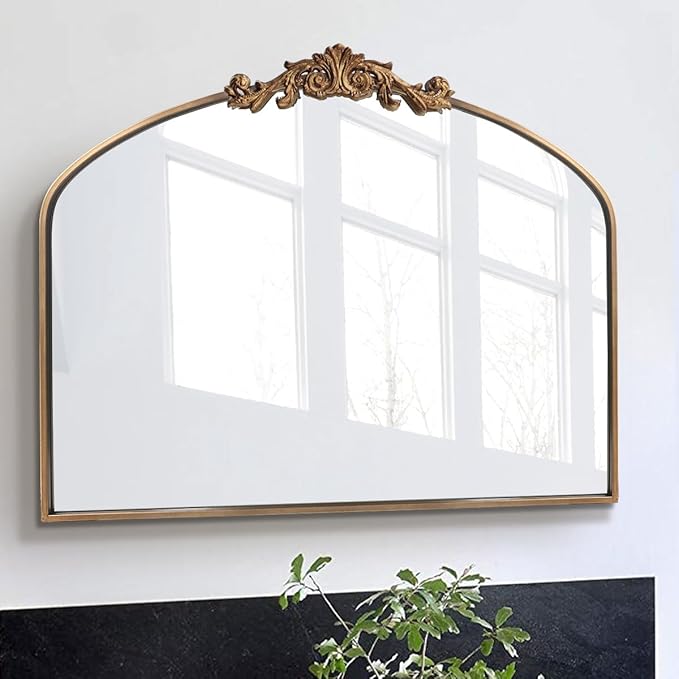 WAMIRRO Antique Mirror,Gold Traditional Vintage Ornate Baroque Arched Brass Wall Mounted Mirrors for Entryway/Fireplace/Living Room/Hallway/Bathroom 36"X30"