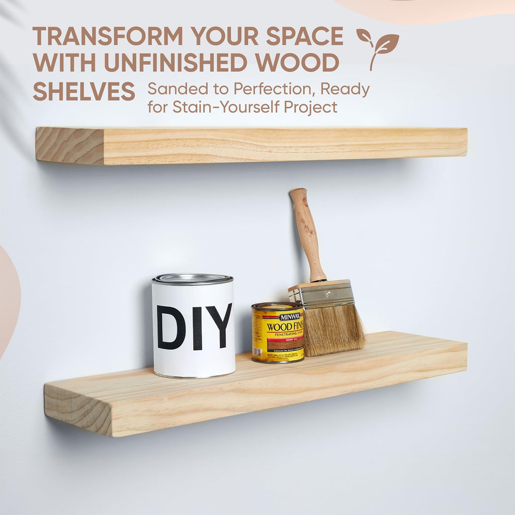 Homeforia 24 inch Wood Floating Shelves, High End Solid Natural Wood 24inch Floating Shelf for Wall, Unfinished Wooden 24 inches Floating Shelves, Heavy Duty Bracket, 24 X 6.5 X 1.75 in, Set of 3