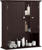 Tangkula Bathroom Wall Cabinet, Wooden Hanging Storage Cabinet with Doors & Shelves, Multipurpose Storage Cabinet for Restroom Kitchen Living Room, Wall Mounted Bathroom Medicine Cabinet (Brown)