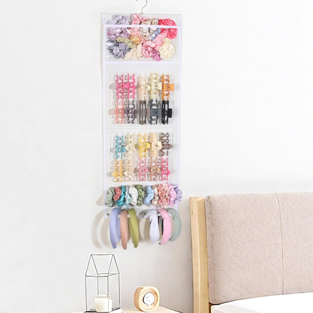 SNOWSTAR Hair Claw Clip Organizer, Large Transparent Bag for Scrunchies Holder and Hair Ties Organizer with Women Girls, Hair Accessorie Hanging Storage Home Decor Wall, Door