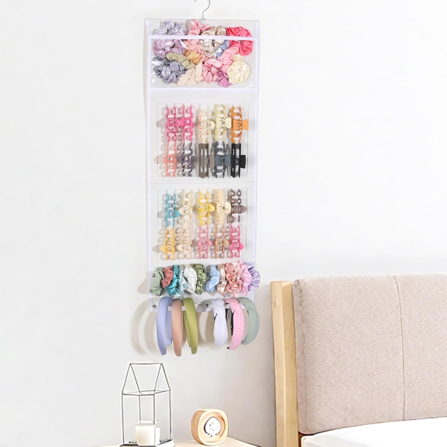 SNOWSTAR Hair Claw Clip Organizer, Large Transparent Bag for Scrunchies Holder and Hair Ties Organizer with Women Girls, Hair Accessorie Hanging Storage Home Decor Wall, Door
